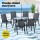 Gardeon 7 Piece Outdoor Dining Set Black—Steel Frame, Mesh Chairs, Tempered Glass Table, Stackable, Weatherproof