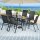 Gardeon 7 Piece Outdoor Dining Set Black—Steel Frame, Mesh Chairs, Tempered Glass Table, Stackable, Weatherproof