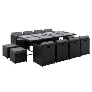 Gardeon Hayman 13-Piece Outdoor Dining Set, Wicker Chairs, Tempered Glass Table, with Cushions & Covers, Black