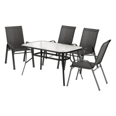 Gardeon 5 Piece Outdoor Dining Set Black—Steel Frame, Tempered Glass Table, Stackable Chairs, Weatherproof, 140x80cm