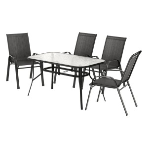 Gardeon 5 Piece Outdoor Dining Set Black—Steel Frame, Tempered Glass Table, Stackable Chairs, Weatherproof, 140x80cm