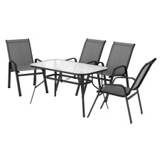 Gardeon 5PC Outdoor Dining Set: Steel Frame, 140x80cm Tempered Glass Table, Stackable Grey Chairs, All-Weather Comfort