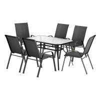 Gardeon 7 Piece Outdoor Dining Set Black—Steel Frame, Tempered Glass Table, Stackable Chairs, Weather-Resistant