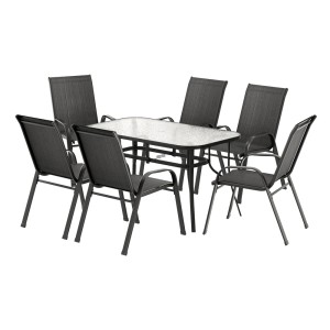 Gardeon 7 Piece Outdoor Dining Set Black—Steel Frame, Tempered Glass Table, Stackable Chairs, Weather-Resistant