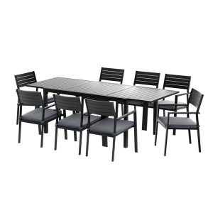 Gardeon 9PCS Outdoor Dining Set - Extendable Aluminium Table & Chairs, Seats 8, Black with Grey Cushions, Patio Ready