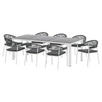 Gardeon 9-Piece Outdoor Dining Set: White Steel Frame, Handwoven Rope, Tempered Glass Table, Water-Resistant Cushions