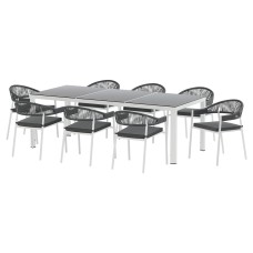 Gardeon 9-Piece Outdoor Dining Set: White Steel Frame, Handwoven Rope, Tempered Glass Table, Water-Resistant Cushions