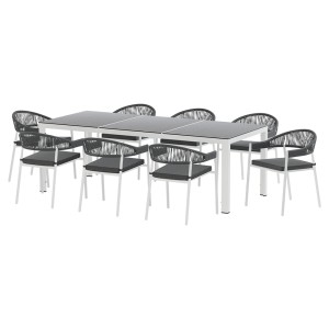 Gardeon 9-Piece Outdoor Dining Set: White Steel Frame, Handwoven Rope, Tempered Glass Table, Water-Resistant Cushions