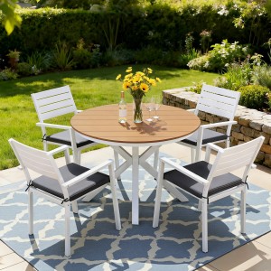 Gardeon 5 Piece Outdoor Dining Set Round WPC Tabletop Aluminium Frame with 4 Stackable Chairs and Cushions