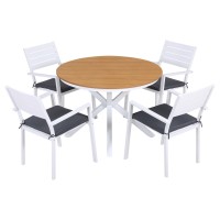 Gardeon 5 Piece Outdoor Dining Set Round WPC Tabletop Aluminium Frame with 4 Stackable Chairs and Cushions