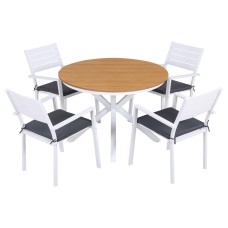 Gardeon 5 Piece Outdoor Dining Set Round WPC Tabletop Aluminium Frame with 4 Stackable Chairs and Cushions