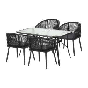Gardeon 5PC Black Outdoor Dining Set - Steel Frame, Tempered Glass Table, All-Weather Wicker Chairs, Indoor/Outdoor Use