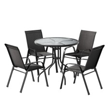 Gardeon Outdoor Dining Set 5-Piece Black Steel Patio Table and Stackable Chairs, Weather-Resistant, 80x80cm