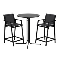 Gardeon 3PC Outdoor Bar Set: Black Steel & MDF Table with High-Back Textilene Chairs, Weather-Resistant Patio Bistro Set