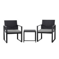 Gardeon 3PC Outdoor Bistro Set: Handwoven PE Rattan, Steel Frame, Tempered Glass Table, Weather-Resistant, Black