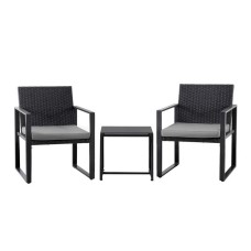 Gardeon 3PC Outdoor Bistro Set: Handwoven PE Rattan, Steel Frame, Tempered Glass Table, Weather-Resistant, Black