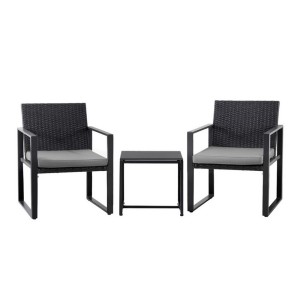 Gardeon 3PC Outdoor Bistro Set: Handwoven PE Rattan, Steel Frame, Tempered Glass Table, Weather-Resistant, Black