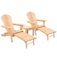 Gardeon 3PC Adirondack Outdoor Set: Hemlock Wood Chairs with Slide-Out Ottoman & Table, Foldable for Patio or Beach