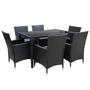 Gardeon 7-Piece Outdoor Dining Set, Black PE Wicker & Aluminium, Includes 6 Chairs with Cushions & Tempered Glass Table