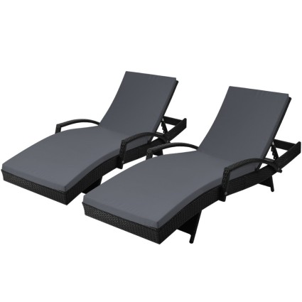 Gardeon 2PC Sun Lounge Wicker Outdoor Beach Chair - Black, Adjustable Backrest, UV & Water-Resistant, 190x70cm