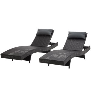 Gardeon 2PC Sun Lounge Set - Black Wicker, Adjustable Backrest, UV-Resistant, 13cm Headrest, Aluminium Frame, 190cm