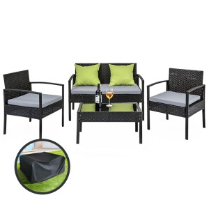 Gardeon Outdoor Wicker Sofa Set: 4-Seater, UV-Resistant, Lime Green Cushions, Glass Table, Bonus Beige Covers