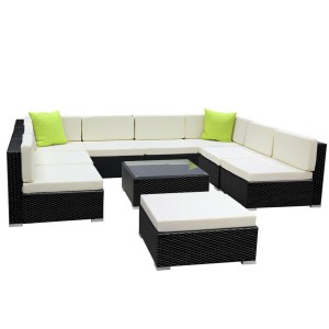 Gardeon 10-Piece Outdoor Sofa Set: UV-Resistant Wicker, Aluminium Frame, Glass Table, Removable Cushion Covers