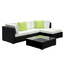 Gardeon 5-Piece Outdoor Sofa Set: UV-Resistant Wicker, Durable Aluminium Frame, Removable Cushions, Glass Table, 4-Seater Gardeon 5-Piece Outdoor Sofa Set: UV-Resistant Wicker, Durable Aluminium Frame, Removable Cushions, Glass Table, 4-Seater