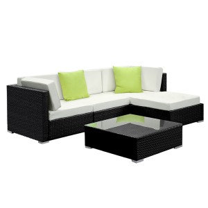 Gardeon 5-Piece Outdoor Sofa Set - UV-Resistant Wicker, Aluminium Frame, Removable Covers, Tempered Glass, Cushions