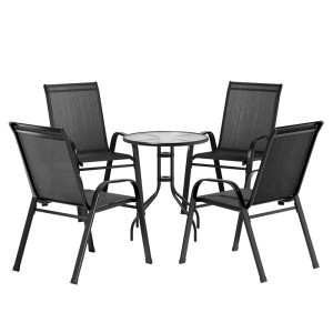 Gardeon 5PC Outdoor Bistro Set, Black, Stackable Chairs & Table, Durable Steel Frame, Weather-Resistant, Easy Assembly