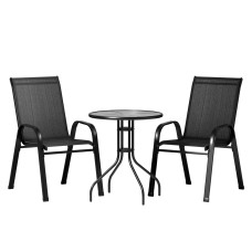 Gardeon 3PC Outdoor Bistro Set - Stackable Chairs & Tempered Glass Table, Weather-Resistant, Steel Frame, Black