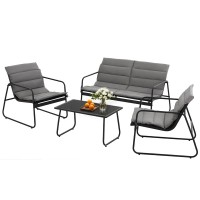 Gardeon 4PCS Outdoor Sofa Set - Durable Steel Frame, Weather-Resistant Textilene, Black Patio Furniture with Glass Table