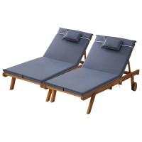 Gardeon 2x Sun Lounge Wooden Lounger: Fir Wood, Adjustable Backrest, Grey Cushions, Wheels, 195cm x 68cm x 89cm