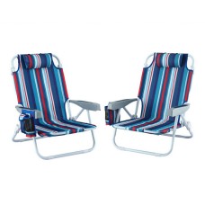 Gardeon Outdoor Beach Chairs Set of 2, Steel Frame, 5-Position Recline, Backpack Cooler, Blue Stripe, 150kg Capacity