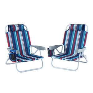 Gardeon Outdoor Beach Chairs Set of 2, Steel Frame, 5-Position Recline, Backpack Cooler, Blue Stripe, 150kg Capacity