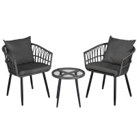 Gardeon 3 Piece Outdoor Bistro Set, Grey PE Wicker Patio Lounge Setting with Cushions, Steel Frame & Glass Table