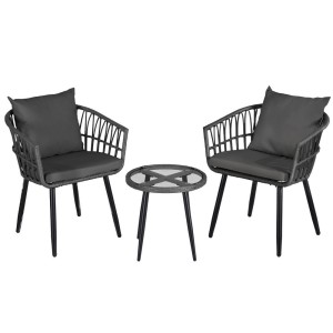 Gardeon 3 Piece Outdoor Bistro Set, Grey PE Wicker Patio Lounge Setting with Cushions, Steel Frame & Glass Table