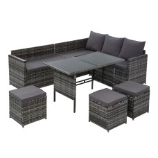 Gardeon 9-Seater Outdoor Dining Set - PE Wicker Sofa Lounge with Cushions, Tempered Glass Table & Storage Cover, Grey Gardeon 9-Seater Outdoor Dining Set - PE Wicker Sofa Lounge with Cushions, Tempered Glass Table & Storage Cover, Grey
