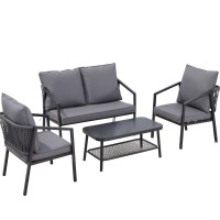 Gardeon 4PC Outdoor Sofa Set - Steel Frame, Rope Backrest, Tempered Glass Table, Water-Resistant Cushions, 4-Seater