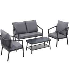 Gardeon 4PC Outdoor Sofa Set - Steel Frame, Rope Backrest, Tempered Glass Table, Water-Resistant Cushions, 4-Seater Gardeon 4PC Outdoor Sofa Set - Steel Frame, Rope Backrest, Tempered Glass Table, Water-Resistant Cushions, 4-Seater