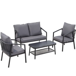 Gardeon 4PC Outdoor Sofa Set - Steel Frame, Rope Backrest, Tempered Glass Table, Water-Resistant Cushions, 4-Seater