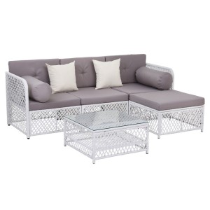 Gardeon 4 Seater Outdoor Sofa Set 5 Piece Patio Lounge, PE Rattan, Cushions, Table, White/Grey, All Weather