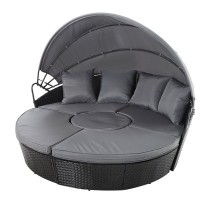 Gardeon Black Wicker Sun Lounge Day Bed with Folding Canopy & Cushions, UV-Resistant, 168x180x145cm, 1-Year Warranty