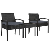 Gardeon 3PC Patio Bistro Set - Black PE Wicker, Steel Frame, Tempered Glass Table, Weather-Resistant Cushions Included