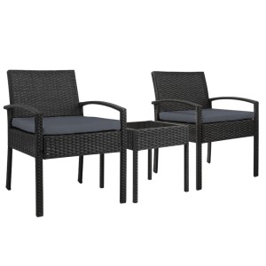 Gardeon 3PC Patio Bistro Set - Black PE Wicker, Steel Frame, Tempered Glass Table, Weather-Resistant Cushions Included