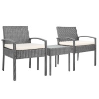 Gardeon 3PC Patio Furniture Bistro Set - Grey Wicker Outdoor Lounge with Cushions & Tempered Glass Table, UV-Resistant