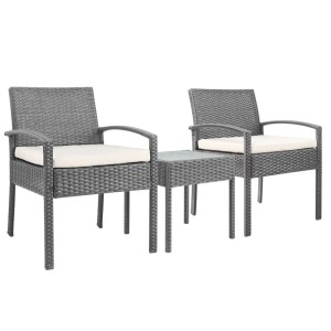 Gardeon 3PC Patio Furniture Bistro Set - Grey Wicker Outdoor Lounge with Cushions & Tempered Glass Table, UV-Resistant