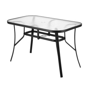 Gardeon 120CM Black Outdoor Dining Table, Steel Frame, Tempered Glass Top, with Parasol Hole and Anti-Slip Feet