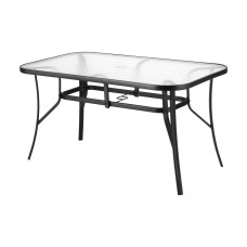 Gardeon 140CM Black Outdoor Dining Table - Steel Frame, Tempered Glass Top, Parasol Hole, Easy Assembly, 60kg Capacity