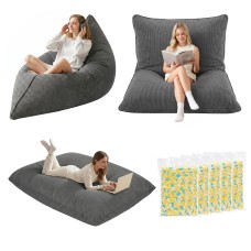 Artiss 3-in-1 Corduroy Bean Bag Chair Convertible Sofa Floor Cushion Memory Foam Filling 11kg Grey 180x140cm